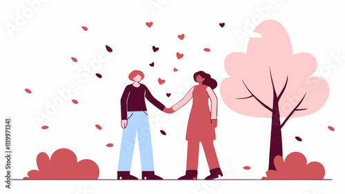 Two women are holding hands surrounded by falling hearts and leaves, representing a loving and romantic interracial relationship in a natural setting