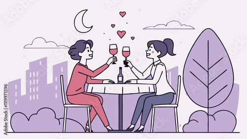 Two businesswomen are toasting and celebrating their success at night in a restaurant under the moonlight with hearts and clouds symbolizing their romantic relationship