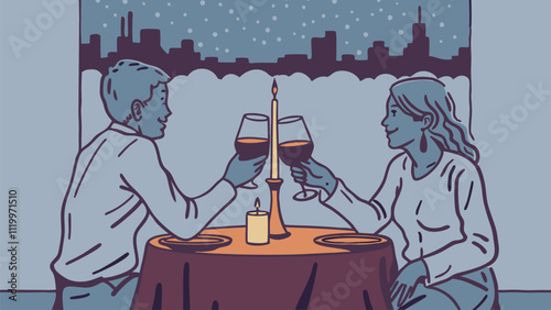 Young couple toasting wine glasses while enjoying a romantic dinner date in a restaurant overlooking the city skyline at night, celebrating their love and connection in a special moment