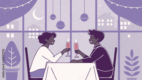 Young couple is toasting with wine glasses in a cozy restaurant, celebrating valentine's day with a romantic dinner under the moonlight, surrounded by a warm and festive atmosphere