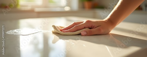 Sunlight streams in, illuminating a hand gently wiping a clean, white surface.  A pristine, modern kitchen shines.