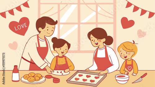 Happy family wearing aprons preparing heart shaped cookies together in the kitchen, celebrating valentine's day with love, warmth, and togetherness