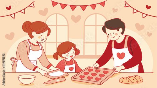 Happy family wearing aprons preparing heart shaped cookies together in the kitchen, celebrating valentine's day with love, warmth, and togetherness