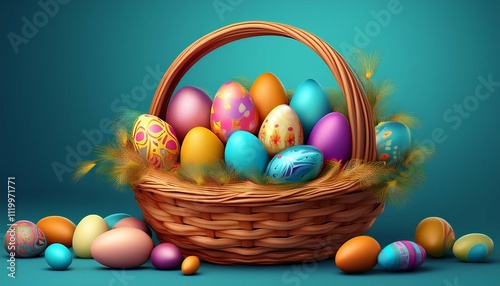 easter basket with multicolor eggs blue background