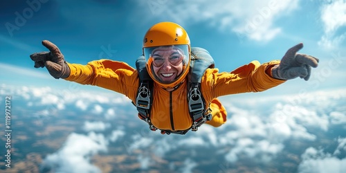 Young caucasian male skydiver joyfully freefalling among clouds photo