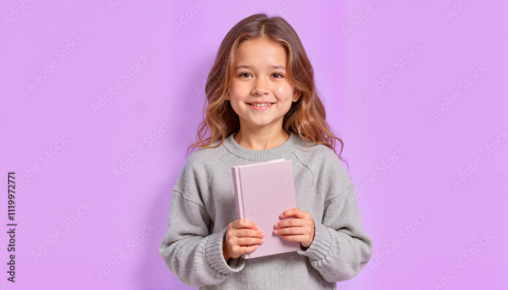 Portrait of a smiling girl holding a pink notebook against a purple background
Portrait of a smiling girl holding a pink notebook against a purple background