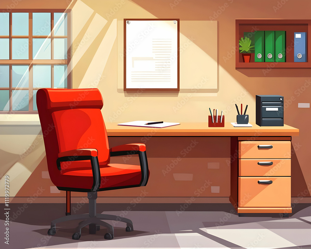 A bright office space featuring a red chair, desk, and organized shelves. A bright office space featuring a red chair, desk, and organized shelves.