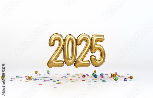 Elegant gold “2025” in balloon-like design with festive confetti