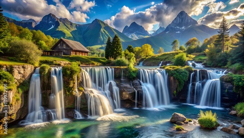 Breathtaking Mountain Waterfall Landscape with Lush Greenery and Rustic Cabin