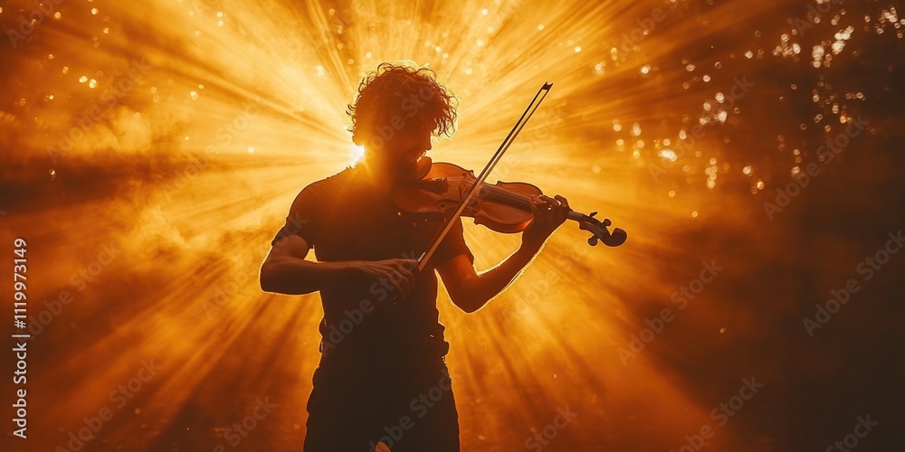 Fototapeta premium Silhouette of a young caucasian male violinist against a dramatic golden light