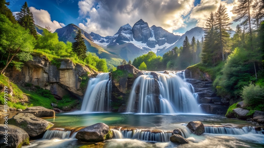 Obraz premium Cascading Mountain Waterfall in a Lush Green Forest