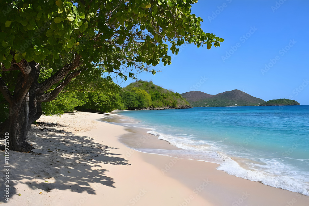 A serene beach scene with gentle waves, lush greenery, and distant hills under a clear blue sky. A serene beach scene with gentle waves, lush greenery, and distant hills under a clear blue sky.