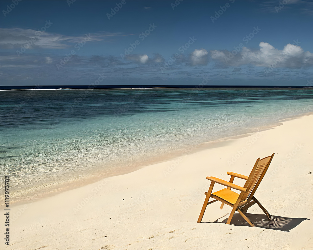 A serene beach scene featuring a lone chair on a sandy shore with calm waters. A serene beach scene featuring a lone chair on a sandy shore with calm waters.