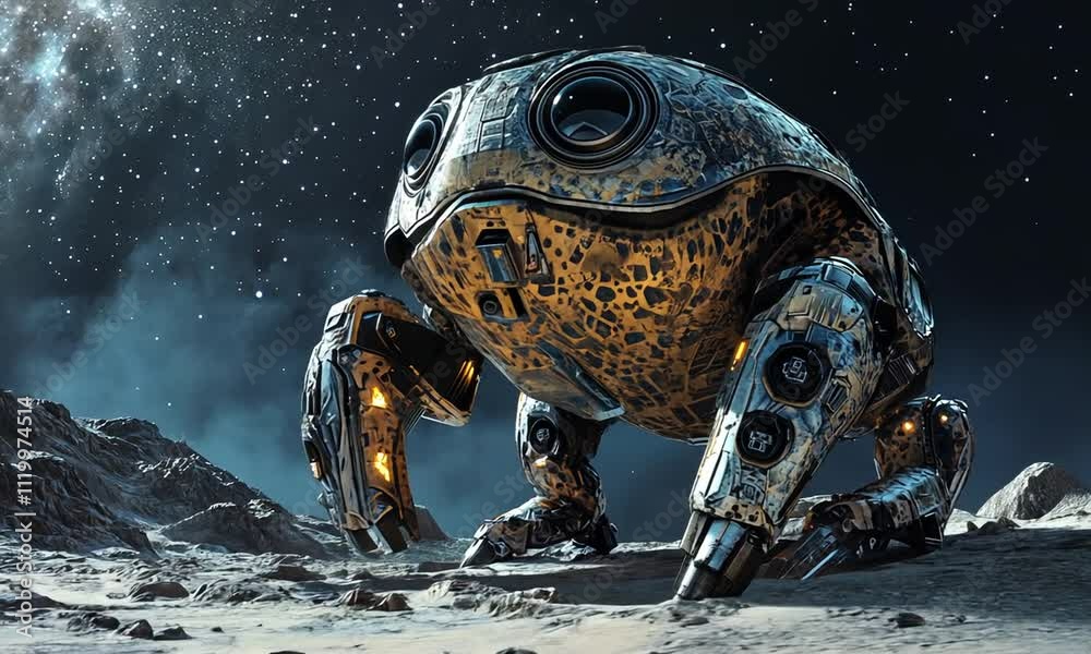 A futuristic robotic frog stands on a lunar landscape under a starry sky.