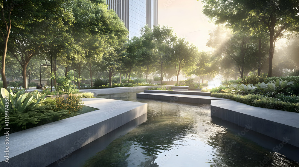A serene urban park with water features and lush greenery, promoting relaxation and nature. A serene urban park with water features and lush greenery, promoting relaxation and nature.