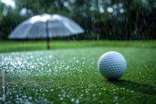 A golf ball on the green with an umbrella for rain protection.