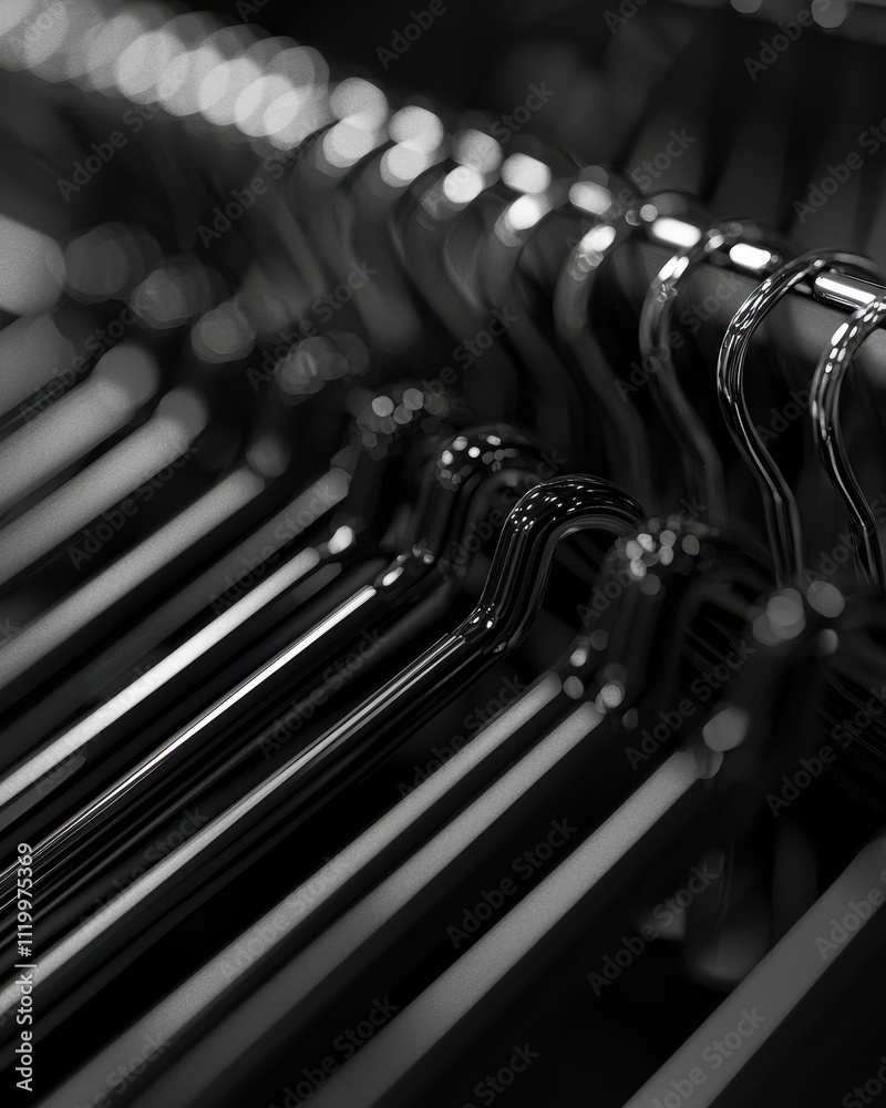 Sleek Black Metal Hangers Aligned in a Row on a Dark Background Minimalist and Elegant Fashion Display Composition Sleek Black Metal Hangers Aligned in a Row on a Dark Background Minimalist and Elegant Fashion Display Composition