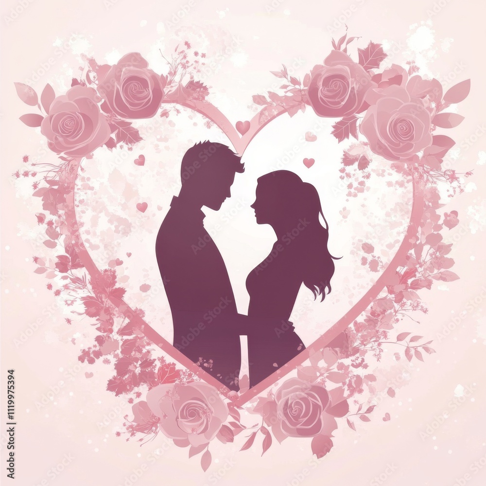 Valentine's Day Pink Background with Roses and Heart-Shaped Couple Silhouette. Cute Flat Design Vector Illustration, High Resolution, Pastel Colors, Glittering Lights. Valentine's Day Pink Background with Roses and Heart-Shaped Couple Silhouette. Cute Flat Design Vector Illustration, High Resolution, Pastel Colors, Glittering Lights.