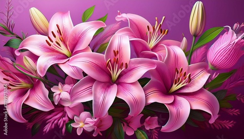 beautiful lily flowers bouquet on a pink background lillies pink lilies closeup big bunch of fresh fragrant lilies purple background border design