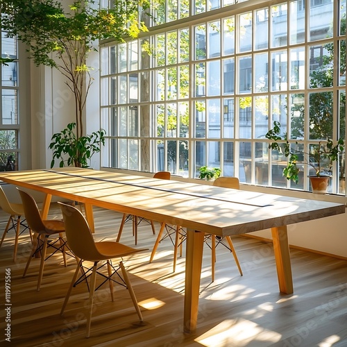 Sunlit Open-Concept Workspace with Minimalist Wood Furniture and Lush Greenery