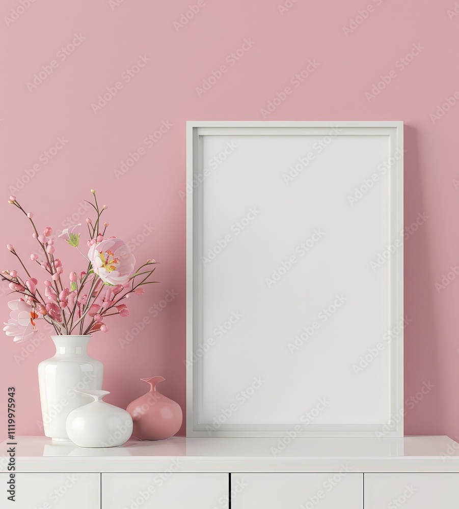 A white picture frame sits on a white dresser with pink flowers in a vase A white picture frame sits on a white dresser with pink flowers in a vase