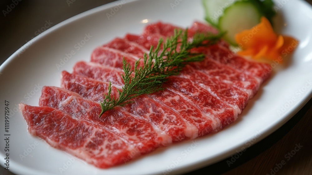 a modern, minimalist plate of wagyu beef, sliced thinly and elegantly arranged with truffle oil. a modern, minimalist plate of wagyu beef, sliced thinly and elegantly arranged with truffle oil.