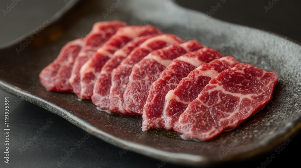 a modern, minimalist plate of wagyu beef, sliced thinly and elegantly arranged with truffle oil. a modern, minimalist plate of wagyu beef, sliced thinly and elegantly arranged with truffle oil.