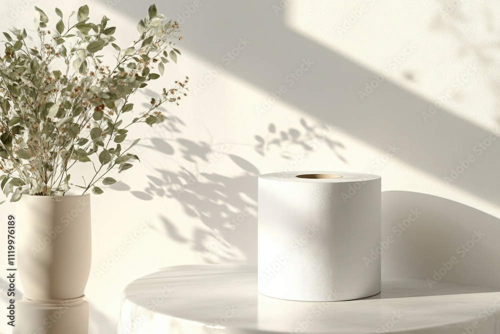 Toilet paper roll on table with vase of greenery in soft natural light Toilet paper roll on table with vase of greenery in soft natural light