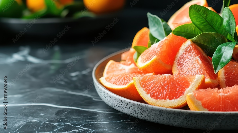 Grapefruit wedges artfully arranged in a rustic stoneware bowl on a dark marble surface, reflecting a blend of natural aesthetics and culinary charm. Grapefruit wedges artfully arranged in a rustic stoneware bowl on a dark marble surface, reflecting a blend of natural aesthetics and culinary charm.
