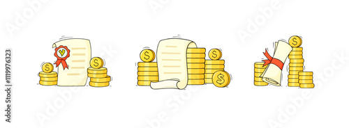 Scholarship concept with education certificate and money. Vector set - sketch icons of tuition grant, study cost in college or university. Doodle diploma and coins stacks