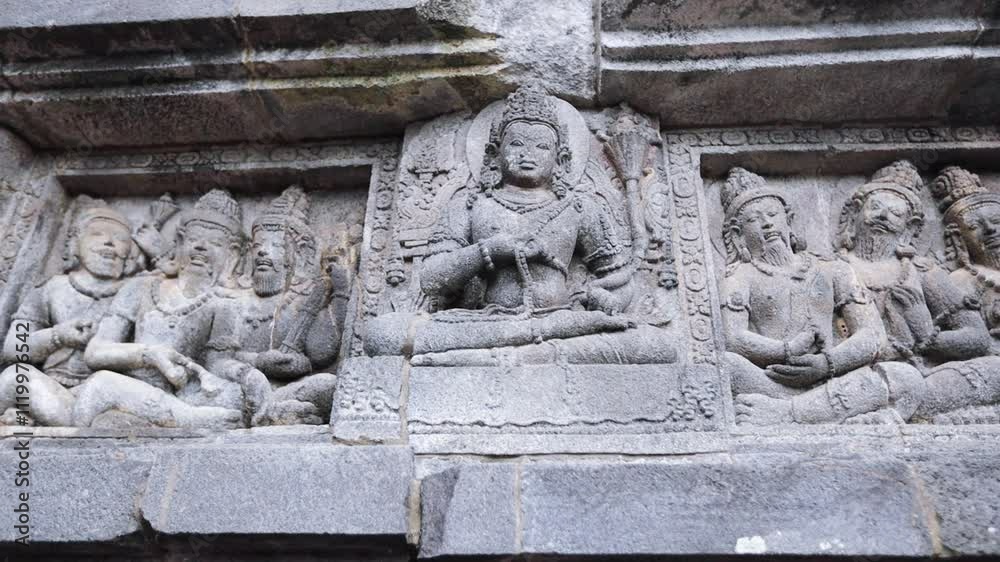 Ancient bas reliefs in hindu temple Prambanan Java island Yogyakarta Indoneasia Ancient bas reliefs in hindu temple Prambanan Java island Yogyakarta Indoneasia