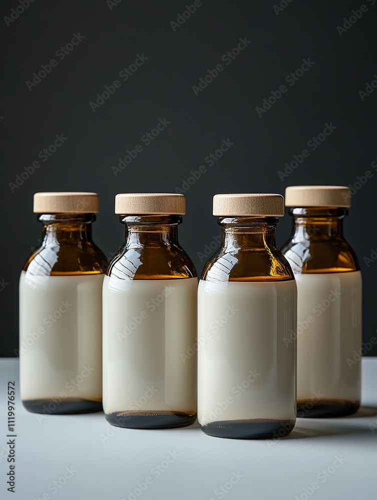 Small mockup glass bottles with white blank labels for pharmaceutical or liquid medicine packaging
Small mockup glass bottles with white blank labels for pharmaceutical or liquid medicine packaging