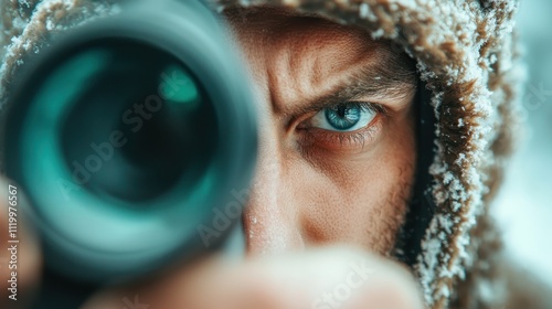 A close-up image of a fierce blue eye looking through a scope, surrounded by a fur hood, embodying focus, survival, and the stark beauty of winter environments. photo