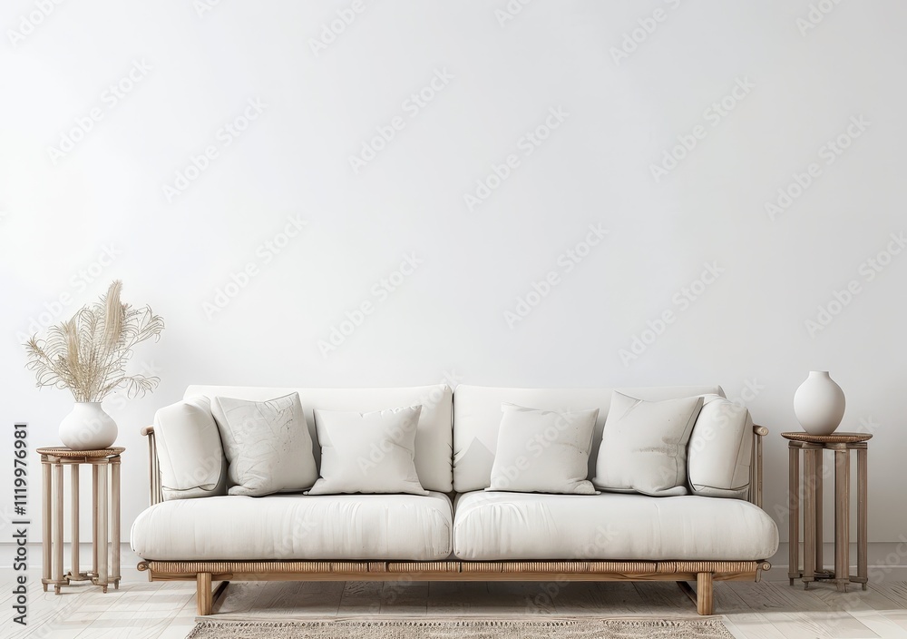 Minimalist living room with a white sofa. two wooden end tables. and a beige rug in front of a white wall Minimalist living room with a white sofa. two wooden end tables. and a beige rug in front of a white wall