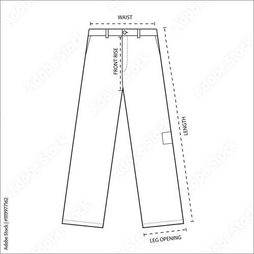Men's formal trouser pants front and back view flat sketch fashion illustration, Vector technical sketch