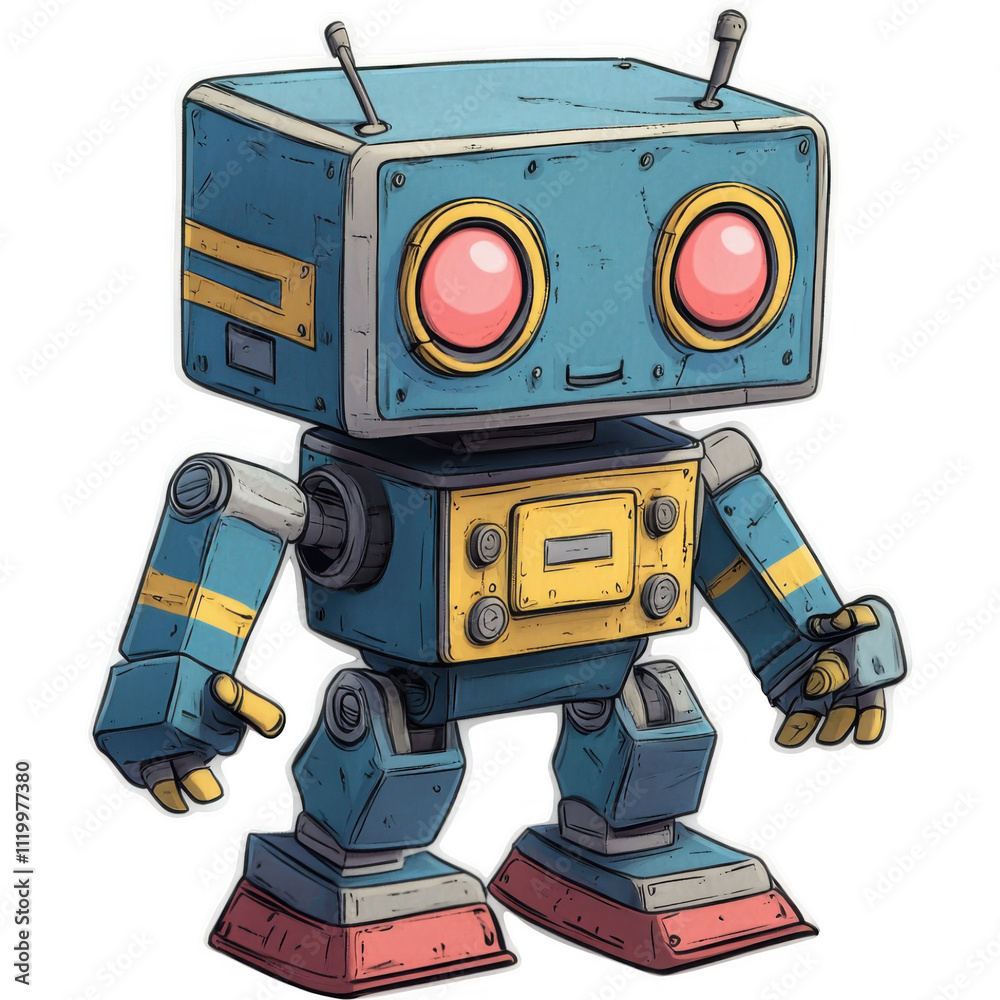Fototapeta premium Friendly Cartoon Robot Illustration with Blue & Yellow Color Scheme