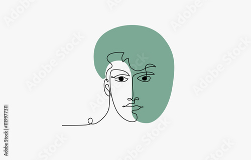 Continuous one line drawing. Abstract minimalistic modern style with colored background, Colored continuous line drawing of senior man smiling portrait. One line vector of an old person's face.