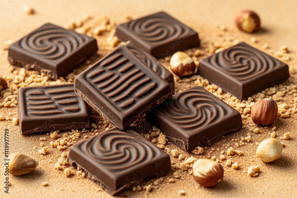 A collection of chocolate squares with swirled designs, surrounded by crushed nuts. A collection of chocolate squares with swirled designs, surrounded by crushed nuts.