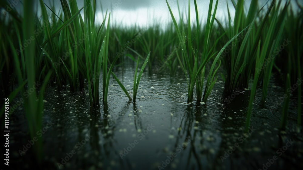 Rainy day reflections in lush wet grass nature scene outdoor moody atmosphere Rainy day reflections in lush wet grass nature scene outdoor moody atmosphere