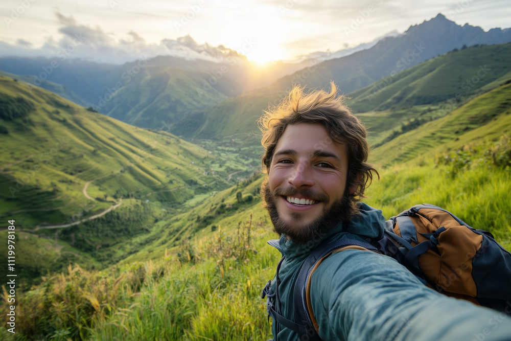 Smiling hiker taking selfie in lush green valley at sunrise
Smiling hiker taking selfie in lush green valley at sunrise
