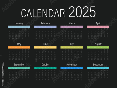 cool modern design of the new 2025 calendar in different colors and on a dark background