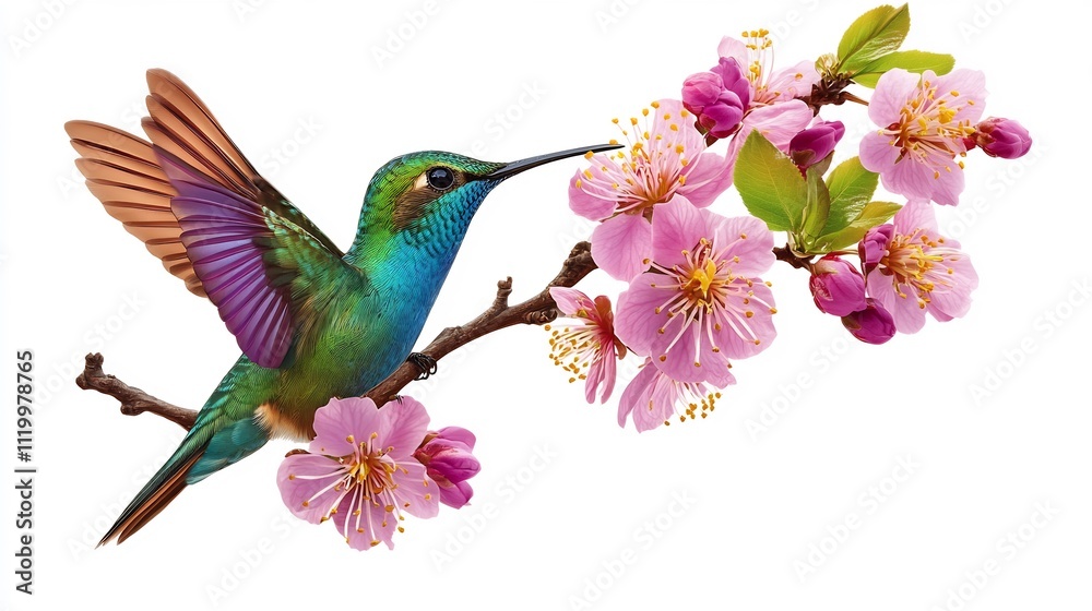 Fototapeta premium Hummingbird and Blossoms: A Vibrant Springtime Scene
