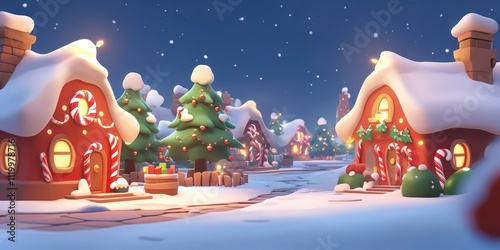 Enchanting Christmas Village Scene with Candy Cane Houses, Snowy Pathways, and Festive Decorations in a Magical Winter Wonderland