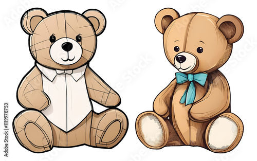 Set of two illustrations of cute bears stylized as applique and graphics for use in clip art, cards, prints and scrapbooking, isolated on a transparent background