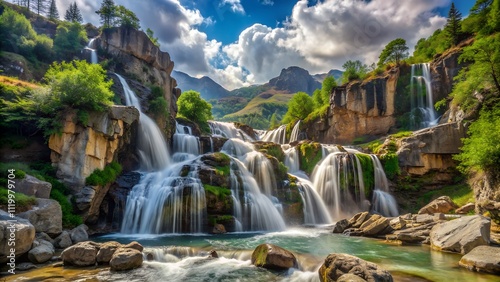 Scenic view of a majestic waterfall in full force, surrounded by rocky cliffs and lush greenery