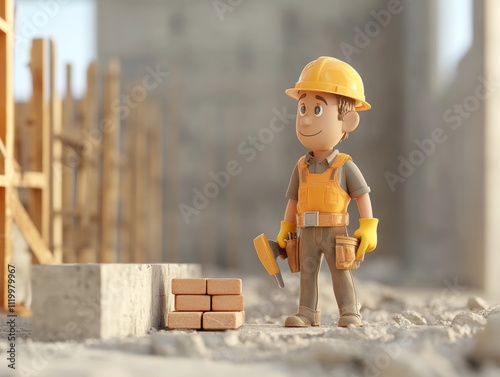 Cartoon Builder Character with Tools at Construction Site photo