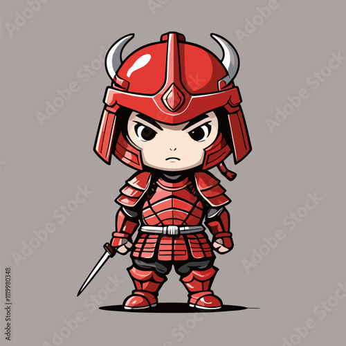 Chibi Samurai in Red Armor with Sword on Gray Background. Cute Samurai Vector.