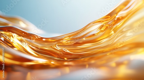 Golden fluid shapes intertwine in an abstract visual dance, resembling liquid gold gracefully waving under soft ambient light, evoking elegance and allure. photo