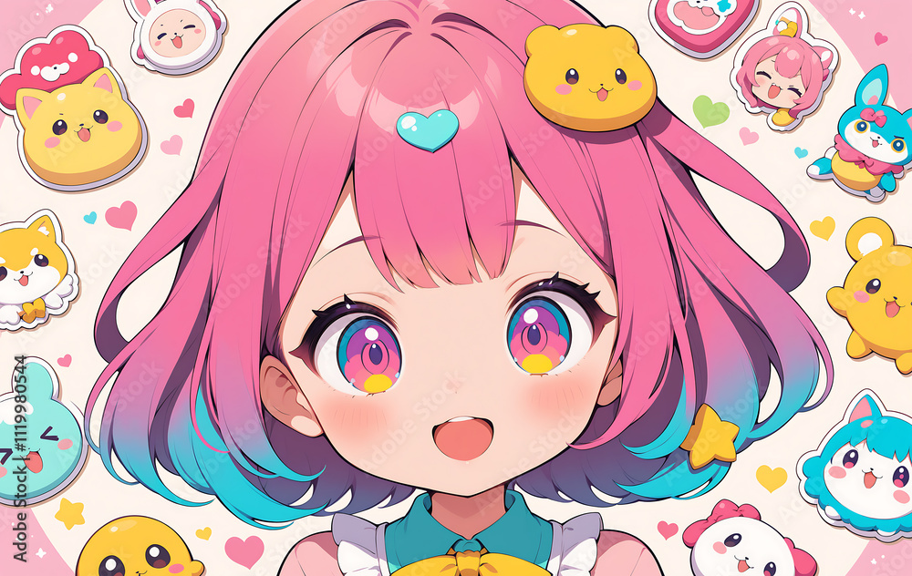 Adorable Anime Girl Surrounded by Cute Cartoon Animals: A Vibrant Pink and Teal Digital Illustration Adorable Anime Girl Surrounded by Cute Cartoon Animals: A Vibrant Pink and Teal Digital Illustration