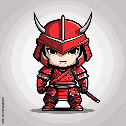 Adorable Chibi Samurai in Red Armor with Sword. Cute Samurai Vector.